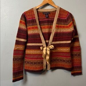 VTG Lily Stanhope Petite Fair Isle wool cardigan sweater ribbon tie closure.
